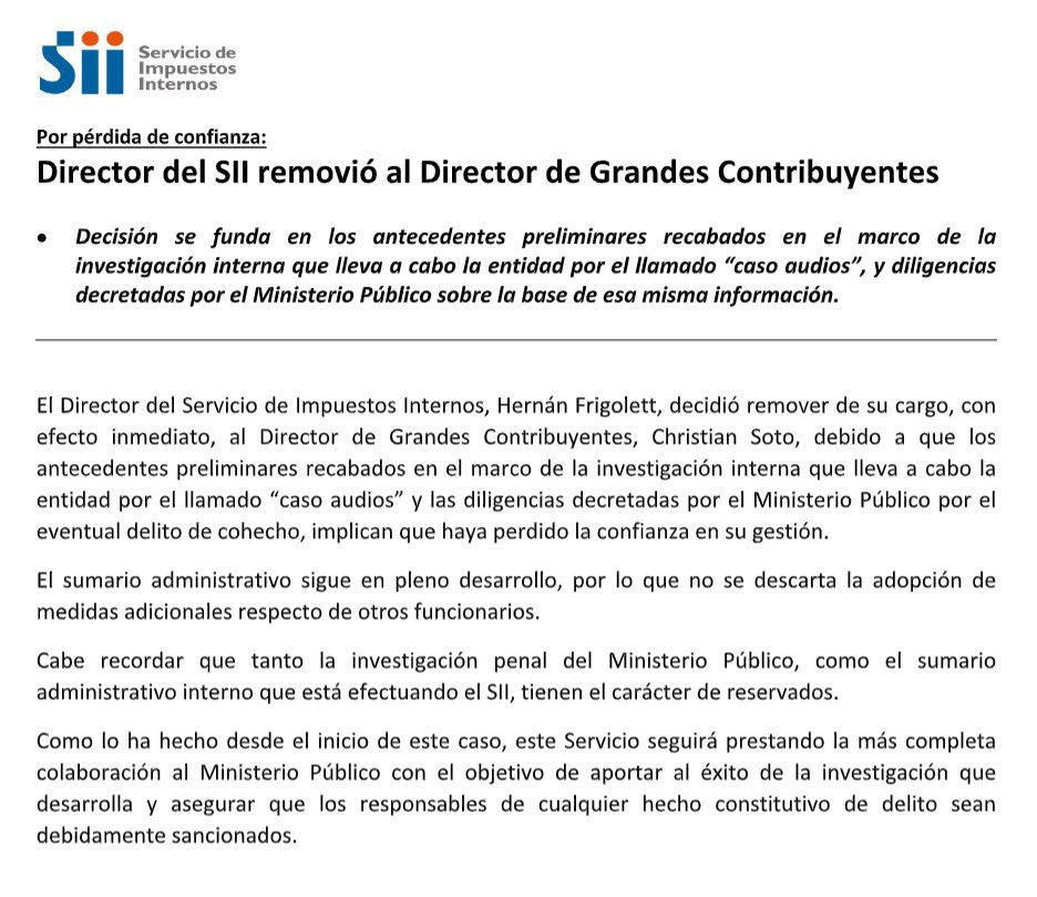 Comunicado del SII en el que anuncian desvinculación de Director de Grandes Contribuyentes.