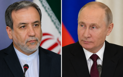 Boceto referencial de Vladimir Putin y el canciller iraní Abbas Araghchi efectuada con herramientas digitales