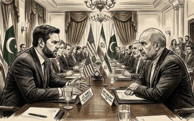 Ilustración digital generada mediante Inteligencia Artificial (IA) para fines editoriales de EstáPasando. Cumbre de Islamabad, abril de 2026.