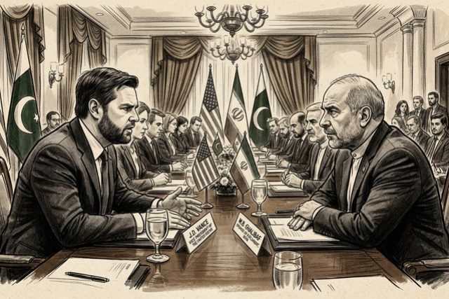 Ilustración digital generada mediante Inteligencia Artificial (IA) para fines editoriales de EstáPasando. Cumbre de Islamabad, abril de 2026.