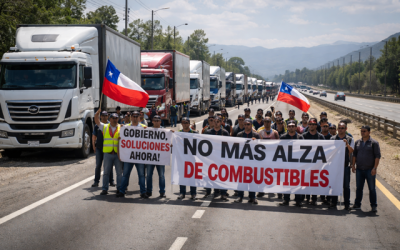 Camiones detenidos en ruta como señal de protesta ante alzas en el precio del diésel. Imagen referencial, creada con herramientas digitales.