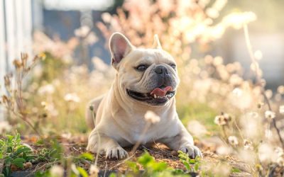 Cute french bulldog lying at grass field.