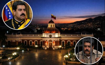 Ilustración editorial. Miraflores sin mando visible y Nicolás Maduro reducido a imagen: del poder absoluto al silencio que ordena la nueva etapa venezolana.